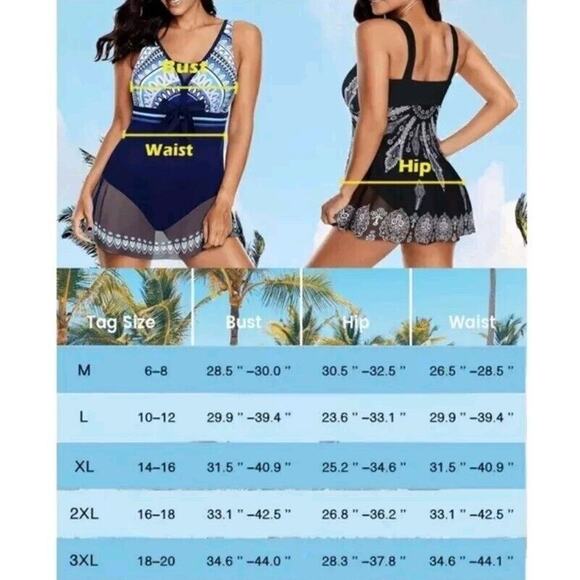 Blue Multicolor Aztec Sheer overlay Swim Dress Swimsuit Padded One Piece XXL - Picture 4 of 8